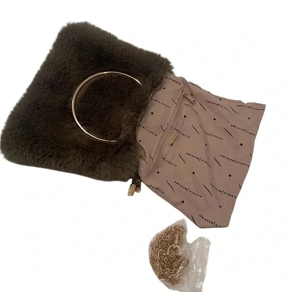 Alessia Massimo Chloe Faux Fur Ring Handle Convertible Crossbody Dark Green bag - Picture 5 of 6